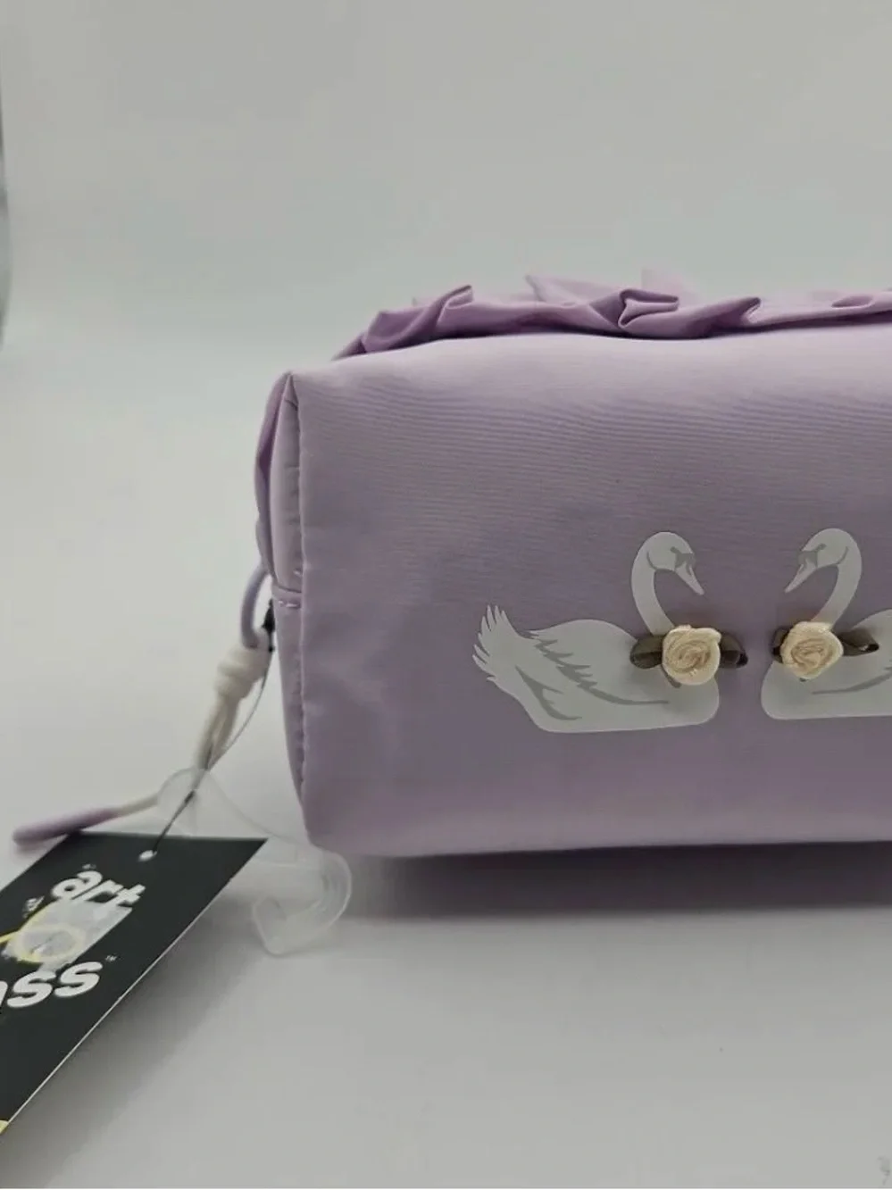 art class Lavender Ruffle Cosmetic Pouch with Swan Motif